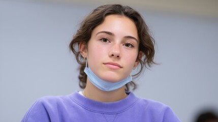 Pandemic Preparedness Lessons concept. Young woman with a mask, wearing a purple sweater, looking thoughtful.