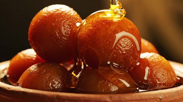 Sweet gulab jamun dumplings in a clay bowl with syrup being poured
