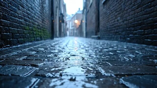 Captured Perspective Of Rain-Kissed Cobblestones And Weathered Brickwork, A Timeless Journey