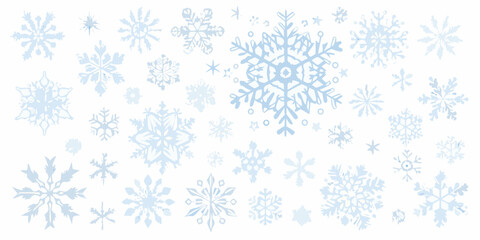 A collection of delicate pale blue snowflakes scattered against a white background