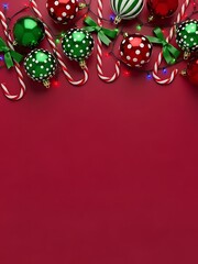 Christmas festive background with candy canes and baubles for holiday greeting cards, red flat lay
