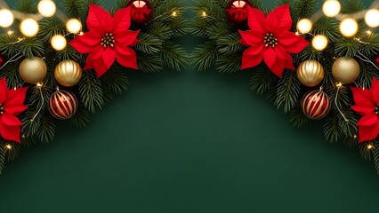 Festive Christmas Garland: A captivating composition features a vibrant garland adorned with bright poinsettias, shimmering ornaments, and twinkling lights, evoking warmth and joy. 