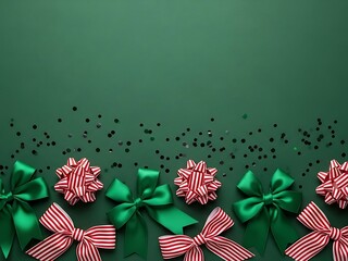 Festive Bows: An array of vibrant bows, both green and striped, adds a touch of seasonal charm. These decorations arranged on an emerald background, offer a visual symphony of festive charm.