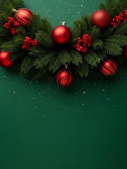 Festive Wreath on Green: A beautifully adorned wreath with red ornaments, berries, and evergreen foliage. Perfectly capturing the spirit of winter holiday on green background.