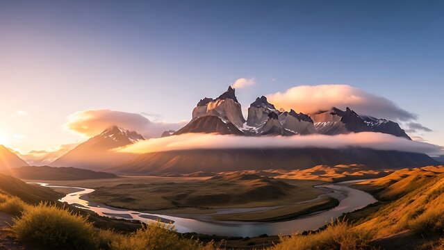 A stunning landscape of mountains and sky at sunrise or sunset, featuring clouds and sun over a snow-capped peak - Powered by Adobe