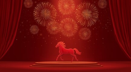 Red Galloping Horse on Circular Steps With Golden Fireworks in Festive Deep Red Scene