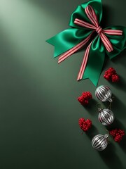 Festive Emerald Embellishment: The image showcases a beautifully crafted green bow paired with silver ornaments and decorative red berry embellishments, against a green background.