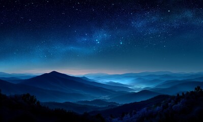 Starry Night Sky Over Rolling Mountains in Serene Blue Tonal Landscape