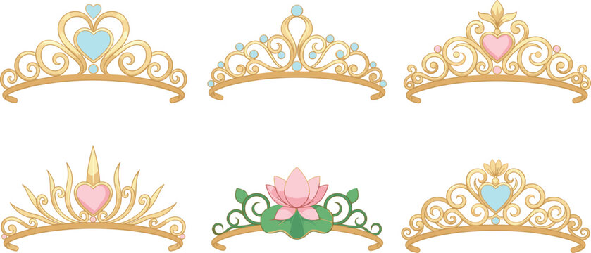 Golden princess tiara set, royal queen crown collection, luxury jewelry accessory, wedding headpiece vector illustration, isolated on white background, cute fairy tale symbol