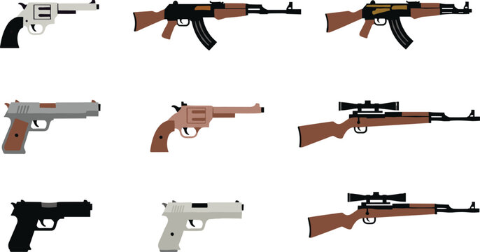 Gun weapon icon set, military pistol rifle collection, army sniper revolver design, police firearm symbol, flat vector illustration, isolated on white background