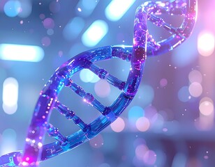 Macro Glowing Blue DNA Double Helix in Futuristic Lab