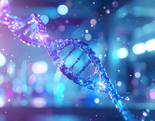 Macro Glowing Blue DNA Double Helix in Futuristic Lab