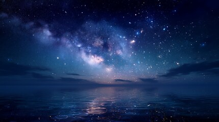 Interstellar Nebula in Deep Blue Violet and Pink Over Reflective Ocean With Starry Sky