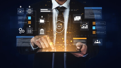 A businessman uses a tablet to interact with advanced digital technology, emphasizing data security...