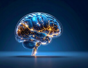 Transparent Glass Brain with Glowing Neural Pathways and Synapses