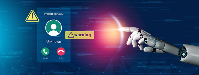 A robotic hand reaches toward an incoming call screen with a warning symbol, showcasing modern technology and communication in a digital landscape. Gantry