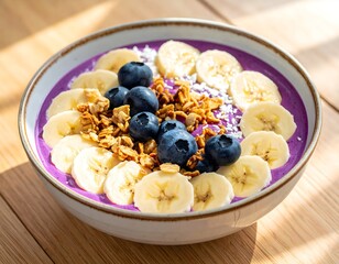 Vibrant Acai Smoothie Bowl with Banana and Granola Flat Lay