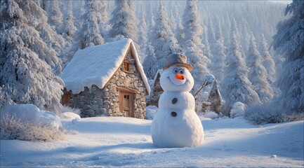 Cheerful Snowman With Carrot Nose and Top Hat in Peaceful Snowy Forest Beside Warm Glowing Cottage