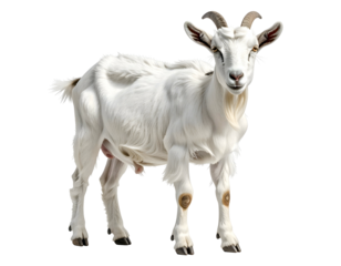 White goat with horns, facing forward, alert