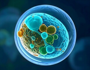 Microscopic Human Cell Structure with Glowing Organelles
