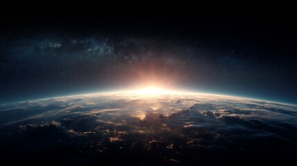 Earth From Space With Sunlit Atmosphere, Cloud Layers and City Lights Under Starry Black Sky