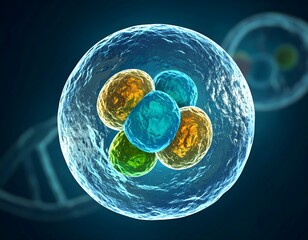 Microscopic Human Cell Structure with Glowing Organelles