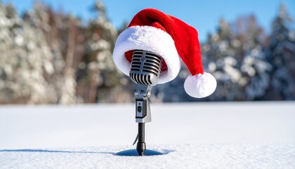 Santa-hatted vintage microphone in snowy mountain forest under clear blue sky.
