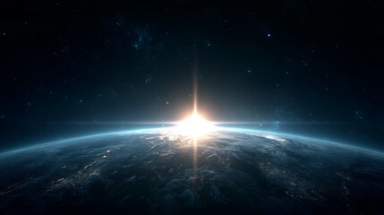 Earth From Space With Sunlit Atmosphere, Cloud Layers and City Lights Under Starry Black Sky