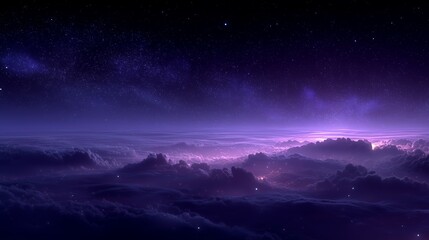 Mystical Purple Night Sky With Voluminous Dark Clouds and Star Filled Celestial Expanse