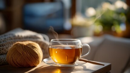 Close-up of yarn, steaming tea, and glowing TV in background — intimate scene of comfort, warmth, and artistic expression of sports loyalty. cinematic color correction, natural uneven lighting yet