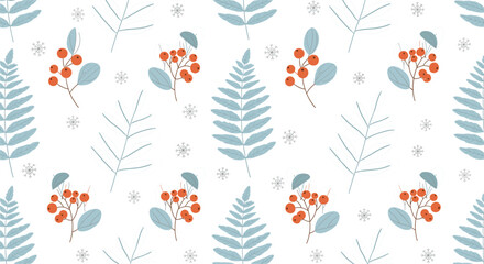 Seamless Winter Botanical Pattern with Leaves, Berries and Snowflakes in Soft Scandinavian Style for Background Design © Sumon Creative