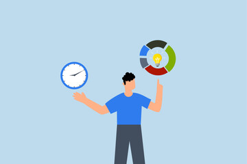 Time management, businessman holding time clock with pie chart routine.