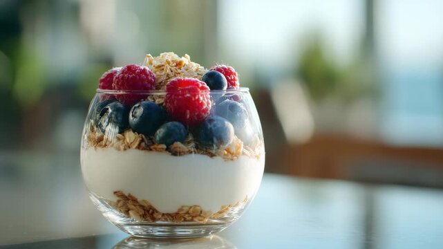 Close Up of Yogurt Parfait in Clear Glass with Blueberries Raspberries and Granola on a Blue Reflective Table with Blurred Outdoor Background