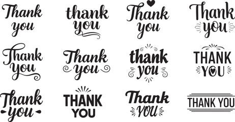 Fototapeta premium Set of Twelve Black 'Thank You' Lettering Vector Designs - Decorative Calligraphy and Modern Typography for Greeting Cards, Wedding Invitations, and Appreciation Messages