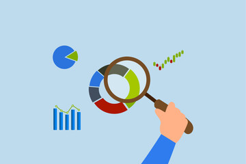 businessman hand holding magnifying glass analyze graph.