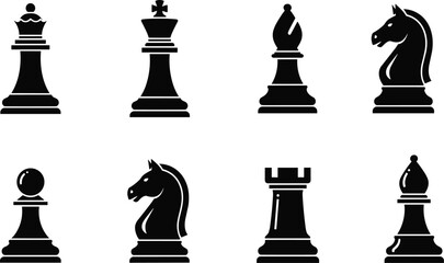 Black chess pieces vector set  classic and modern silhouettes including King, Queen, Rook, Bishop, Knight, and Pawn icons for strategic board game, competition, and victory concepts, isolated. © Sawda's World
