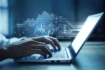 A close-up image of hands typing on a laptop, featuring graphical data overlays that represent financial information and analysis in a contemporary workspace. Scalp