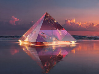 a large, transparent pyramid floating on a body of water during a sunset, with the sky filled with vibrant clouds. The pyramid's reflective surface mirrors the sunset colors