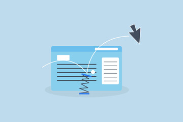 Website bounce rate, mouse pointer fall and bounce on trampoline on website page.