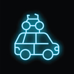 Glowing neon icon of a car with a bike rack carrying a bicycle, symbolizing travel, adventure, and an active lifestyle