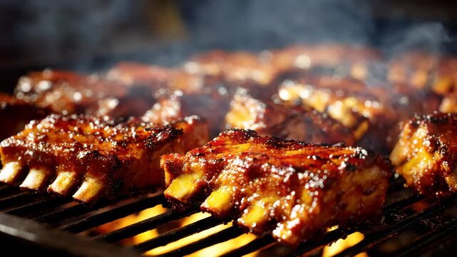 Close Up of Glazed Pork Ribs Cooking On Grill with Flames and Smoke Under Warm Lighting