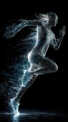 Digital Sprinter Composed of Glowing Particles in Dynamic Pose on Black Background With Ethereal Reflection