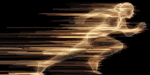 Wireframe-Style Female Runner in Mid-Stride With Horizontal Motion Blur Lines on Black Background