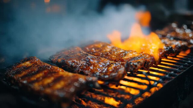 Smoked Ribs On Charcoal Grill with Flames and Rising Smoke Closeup