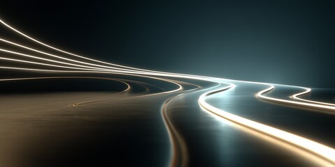 Smooth Flowing Golden-White Light Lines Creating Rhythm and Movement on Dark Reflective Gradient Background