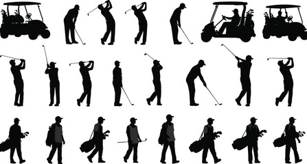 Golf silhouettes, swing poses, golf cart, vector clipart, black and white, athletic gesture, golf bag, walking, stance