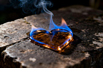 Heart-shaped object burning with flames on a wooden surface, symbolizing passion and love