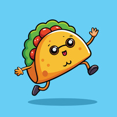 A happy cartoon taco character running and waving with a smile and glasses