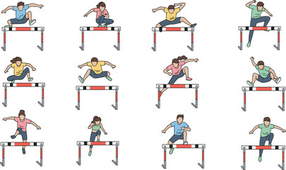 Athletes Jumping Over Hurdles Illustration Set Showing Track and Field Training, Speed, Agility and Sport Competition Poses