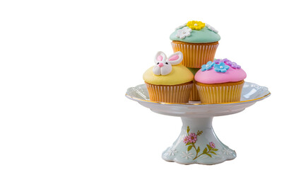 Three Easter cupcakes with bright frosting and decorations (bunny, flowers) on a white background, on a vintage stand.